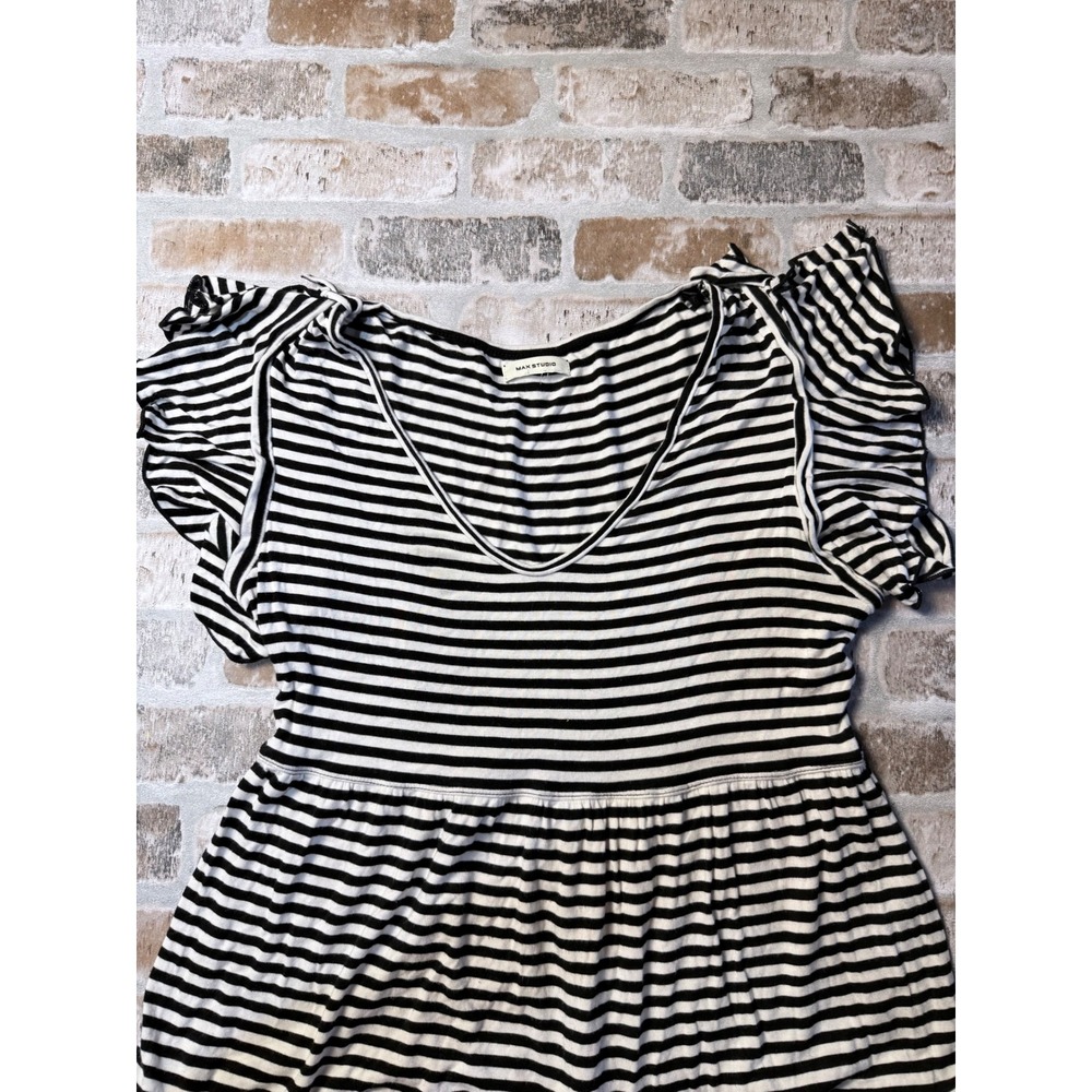 Max Studio Black White Striped Tiered Midi Dress Flutter Sleeve V-Neck 7902F59 - Picture 4 of 8